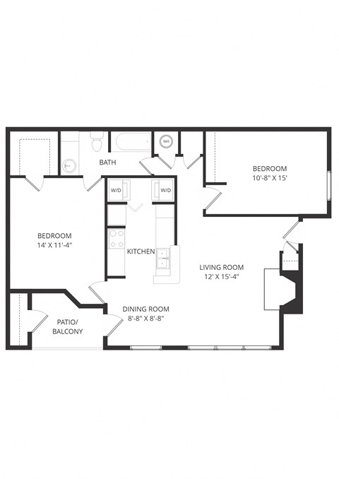 Floor plan for 2 beds, 1 bath, 875 sqft